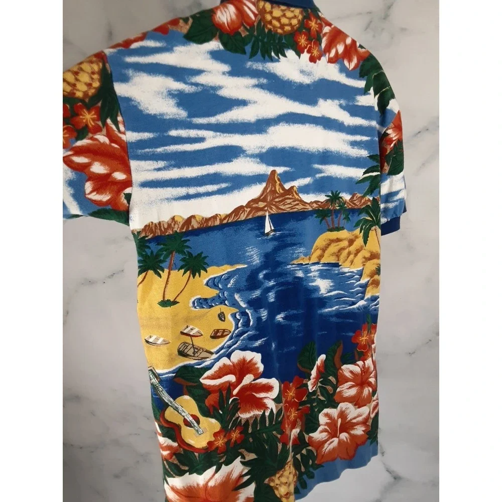 Nautica Men's SS Cotton Blue/Multicolor Hawaiian Print Polo Shirt, Size M